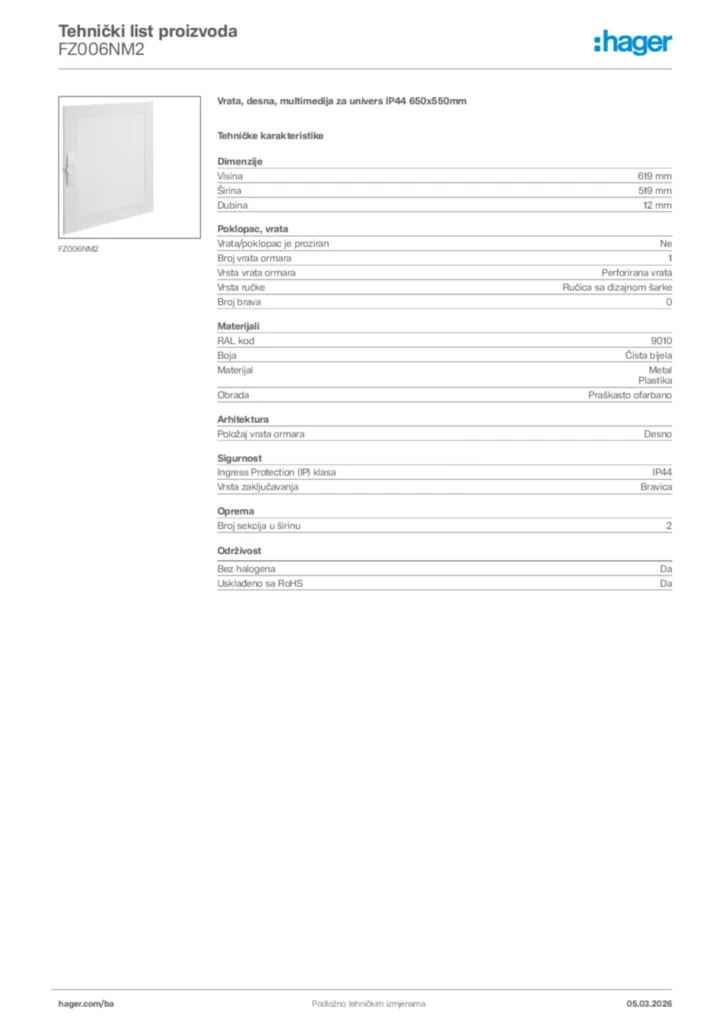 Slika Hager Tehnički list proizvoda FZ006NM2  | Hager