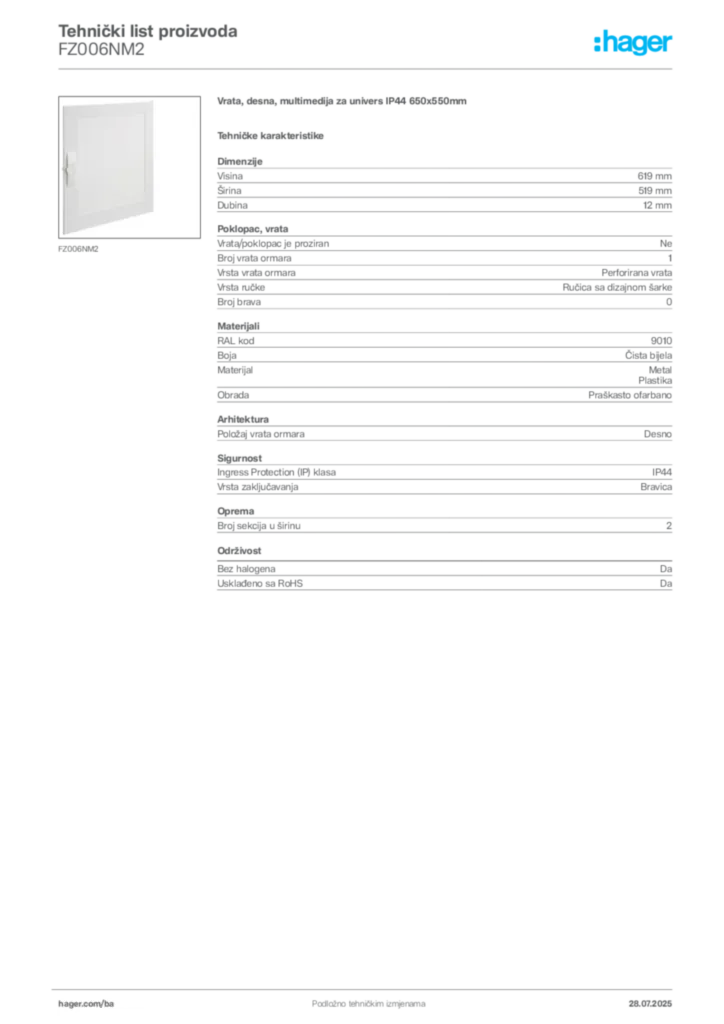 Slika Hager Product data sheet FZ006NM2  | Hager