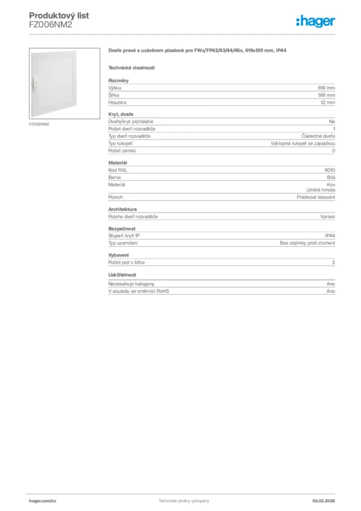 Obrázek Hager Product data sheet FZ006NM2 | Hager