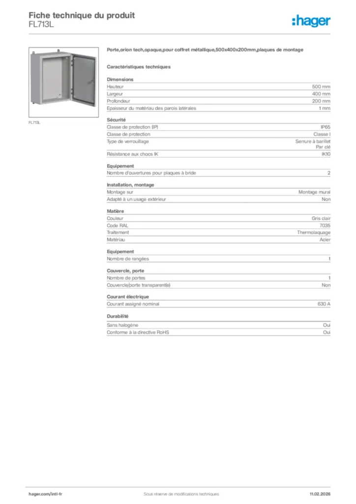 Image Hager Fiche technique du produit FL713L | Hager Afrique