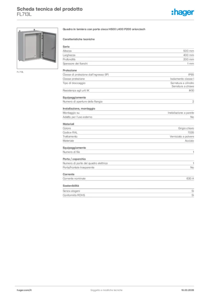 Immagine Hager Scheda tecnica del prodotto FL713L | Hager Italia