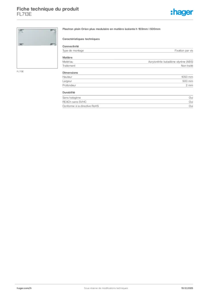 Image Hager Fiche technique du produit FL713E | Hager France
