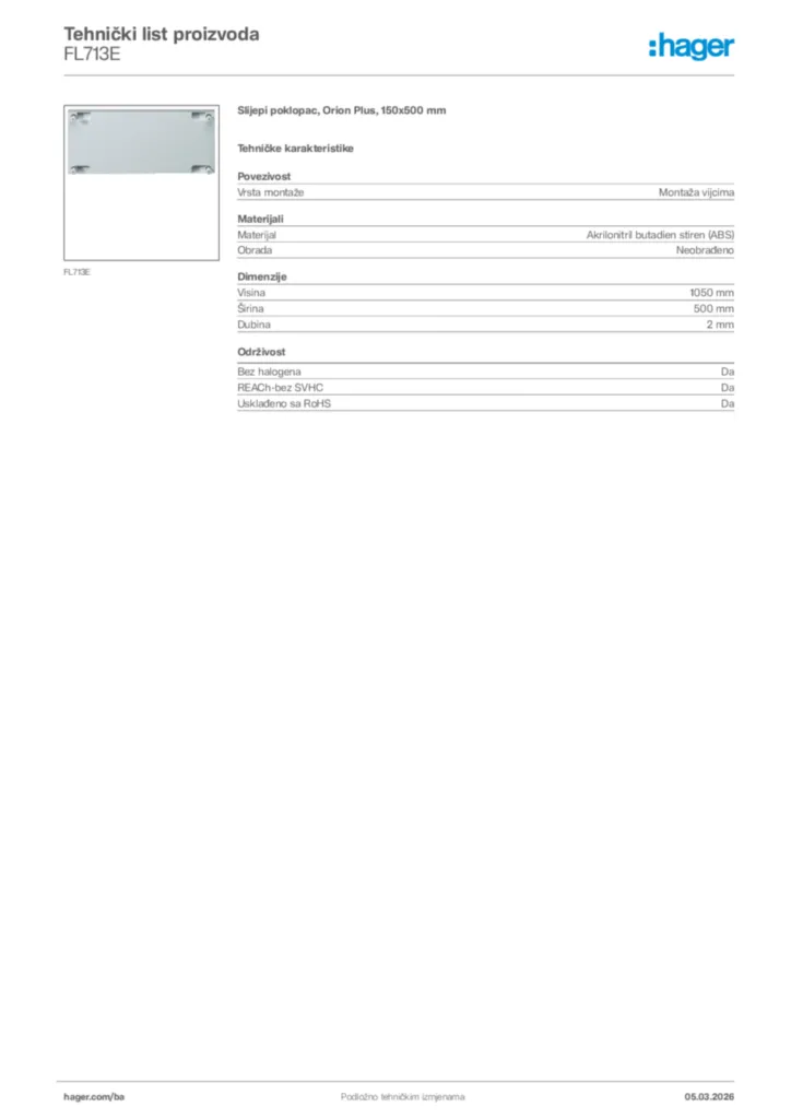 Slika Hager Tehnički list proizvoda FL713E  | Hager