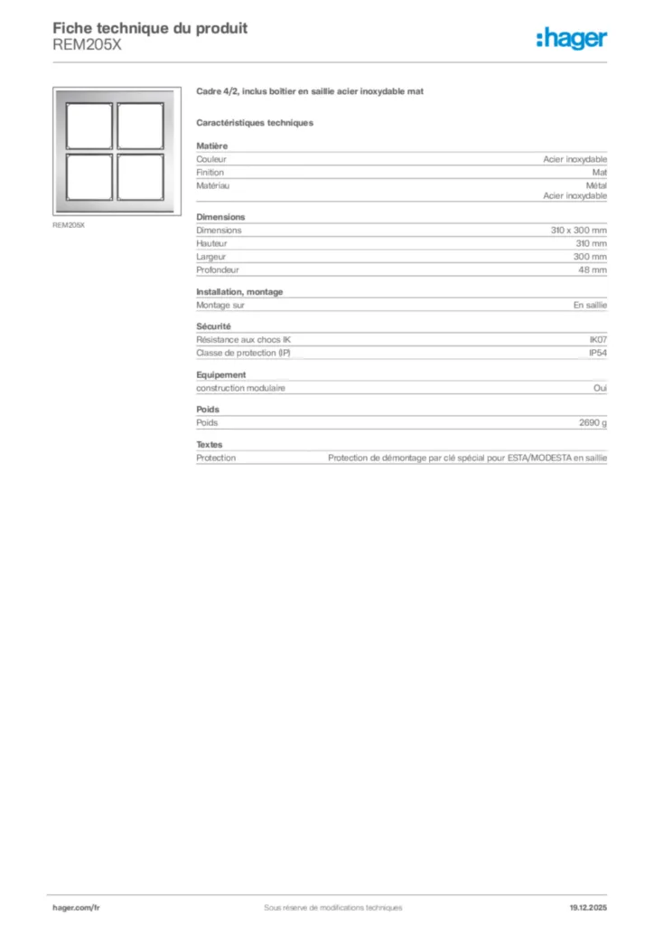 Image Hager Fiche technique du produit REM205X | Hager France