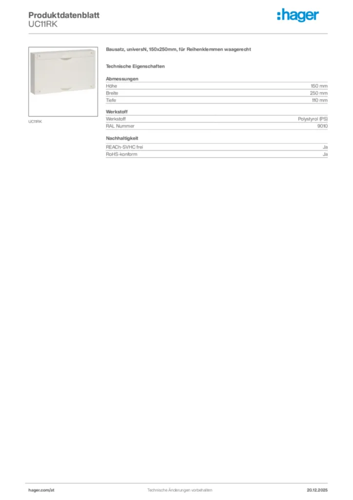 Bild Hager Produktdatenblatt UC11RK | Hager Deutschland