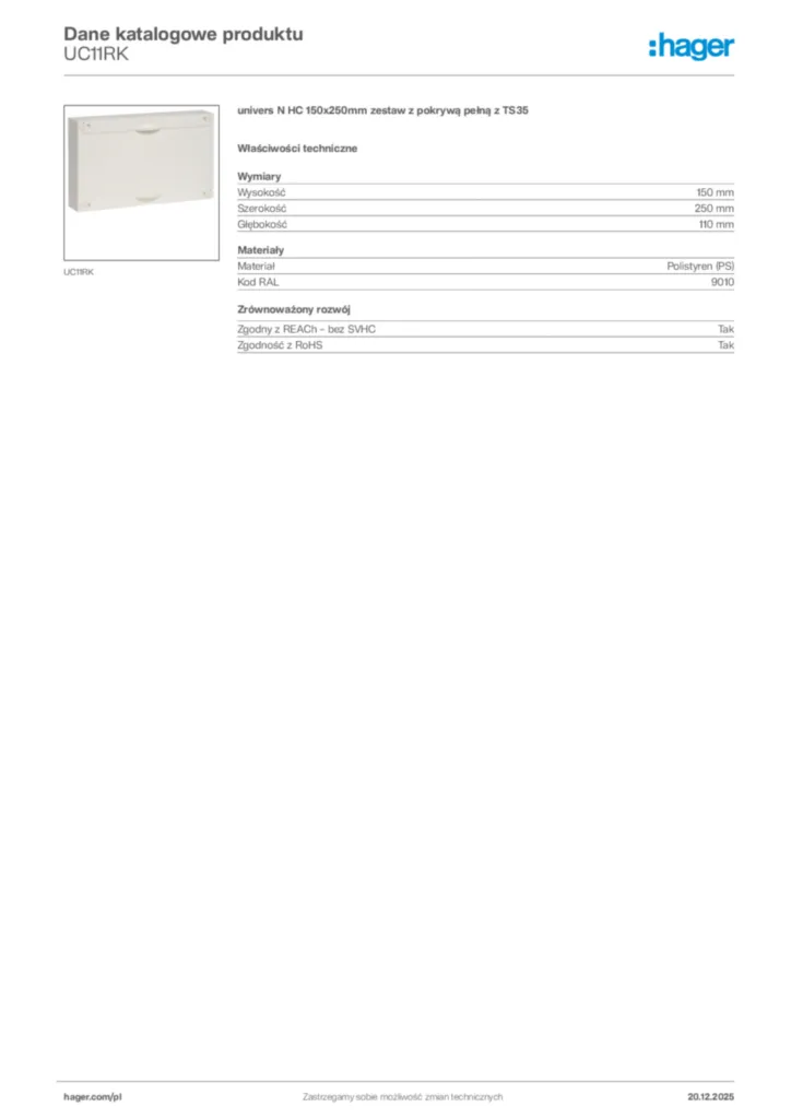 Zdjęcie Hager Karta katalogowa UC11RK | Hager Polska