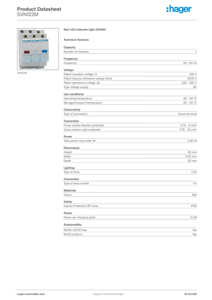 Image Hager Product data sheet SVN122M  | Hager