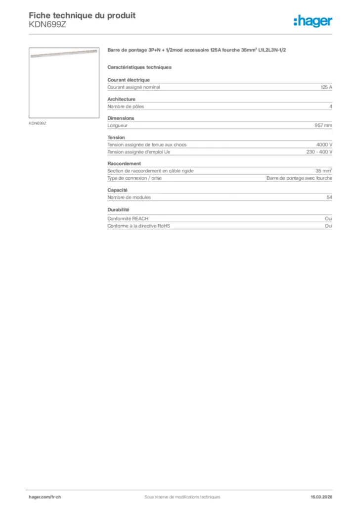 Image Hager Fiche technique du produit KDN699Z | Hager Suisse