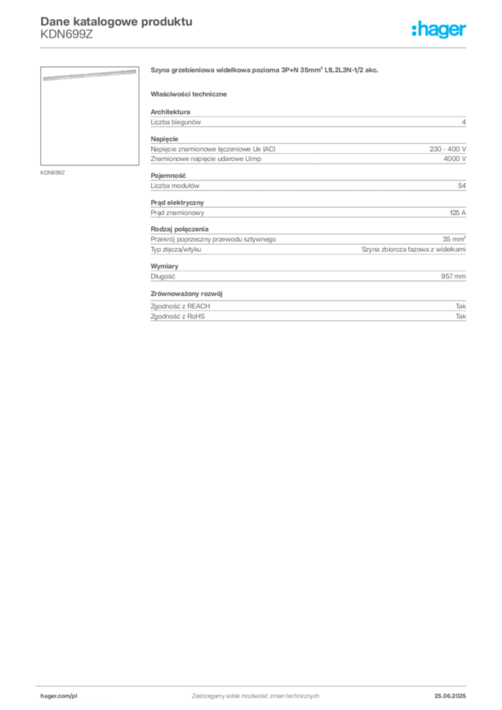 Zdjęcie Hager Karta katalogowa KDN699Z | Hager Polska
