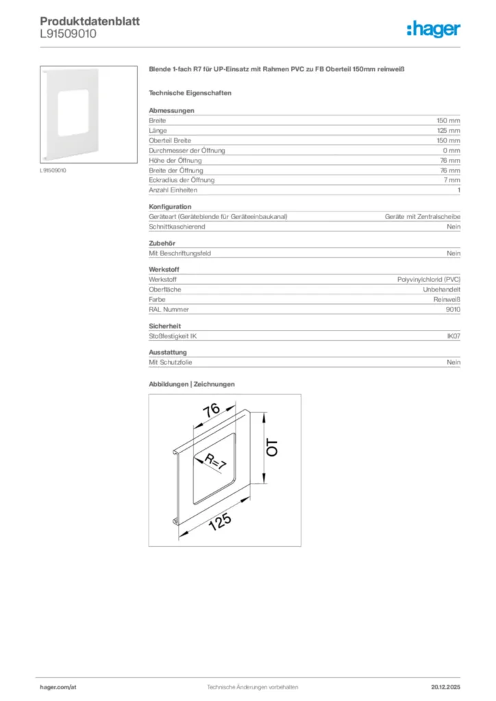 Bild Hager Produktdatenblatt L91509010 | Hager Deutschland