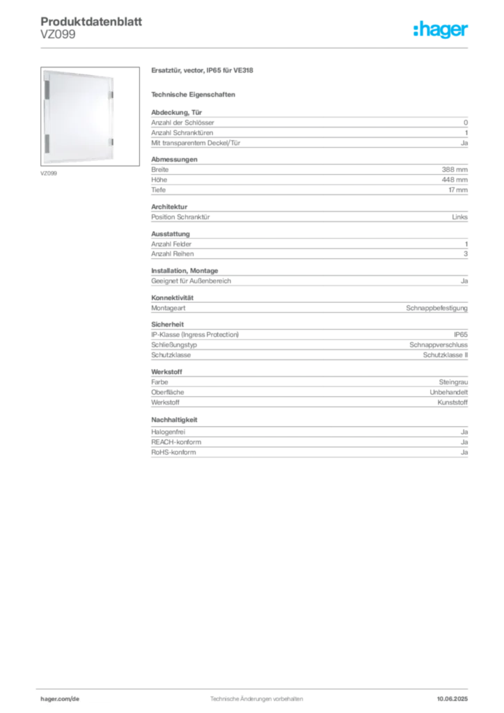 Hager Produktdatenblatt VZ099