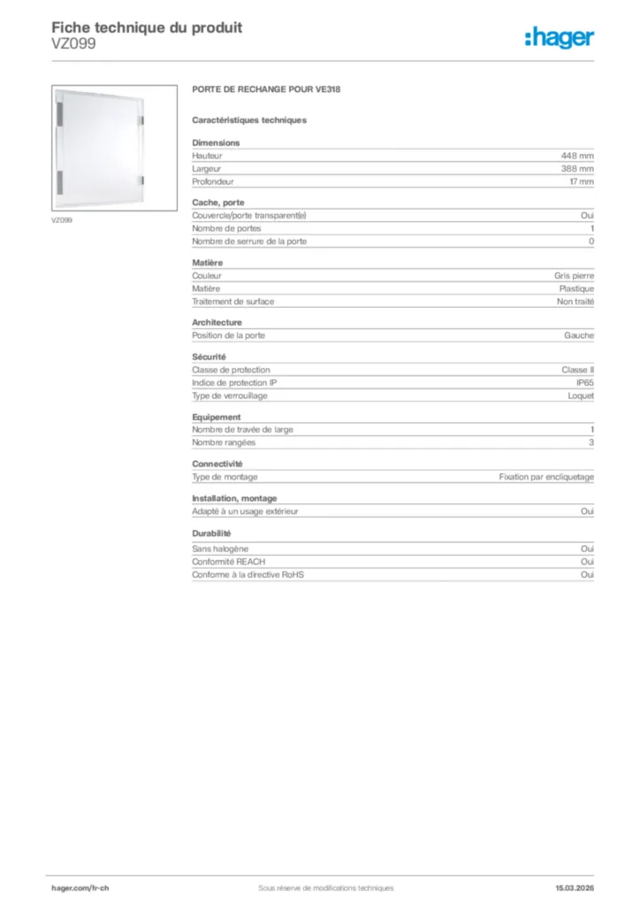 Image Hager Fiche technique du produit VZ099 | Hager Suisse