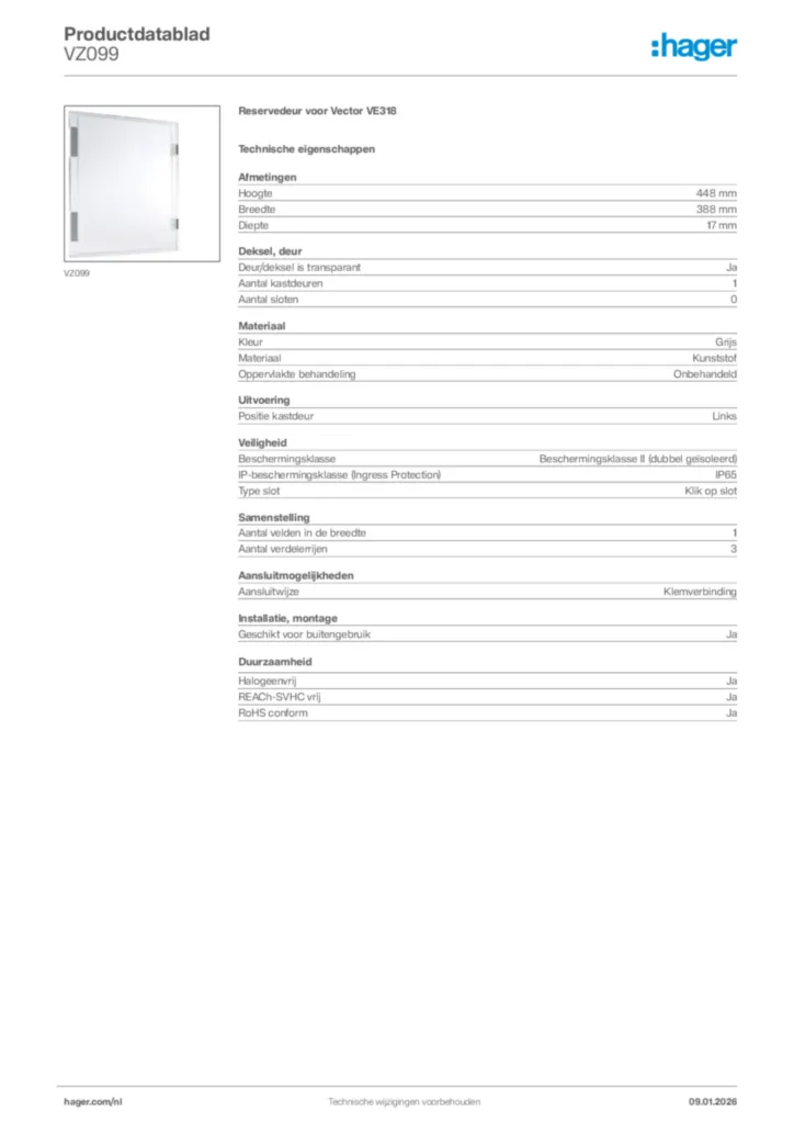 Afbeelding Hager Productdatablad VZ099 | Hager Nederland