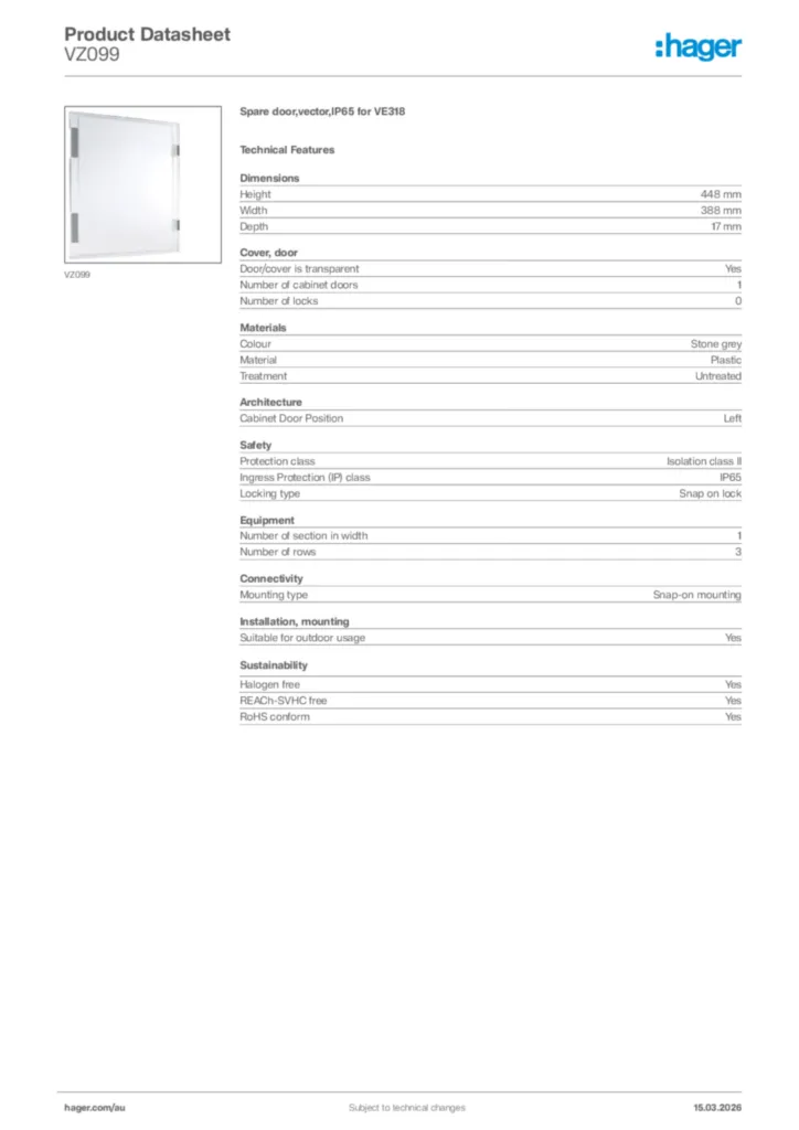 Image Hager Product data sheet VZ099  | Hager Australia