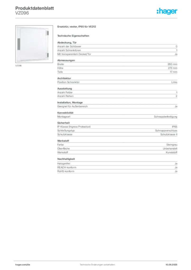 Hager Produktdatenblatt VZ096