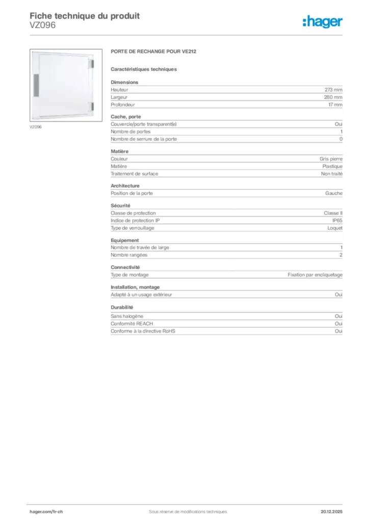 Image Hager Fiche technique du produit VZ096 | Hager Suisse