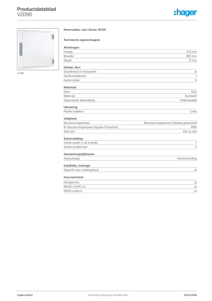 Afbeelding Hager Productdatablad VZ096 | Hager Nederland