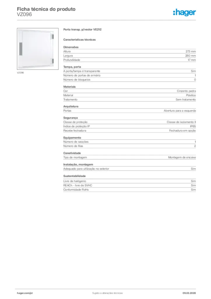 Imagem Hager Ficha técnica do produto VZ096 | Hager Portugal
