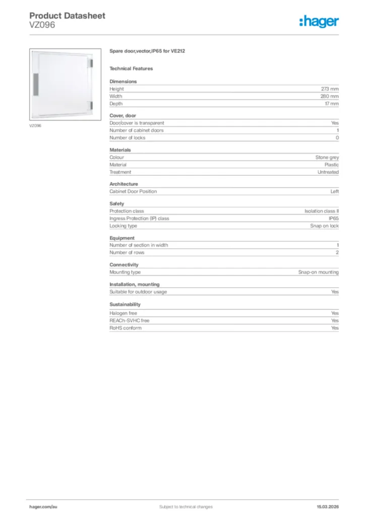Image Hager Product data sheet VZ096  | Hager Australia