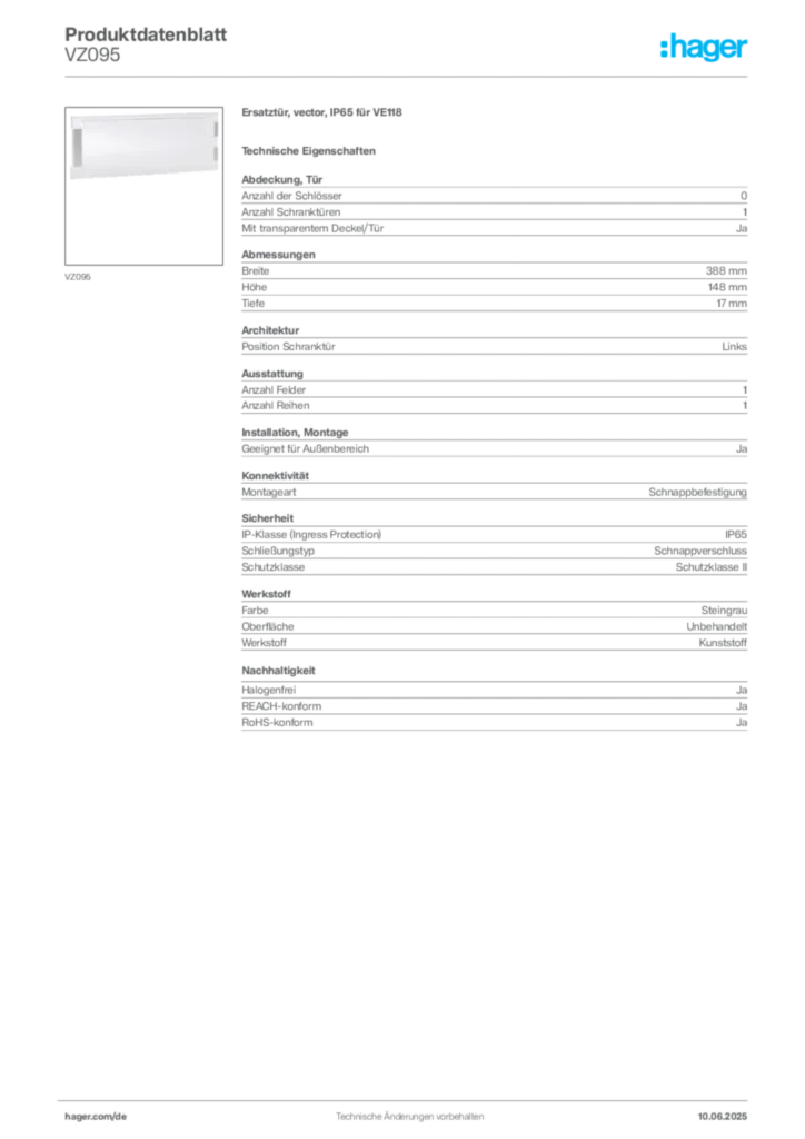 Hager Produktdatenblatt VZ095
