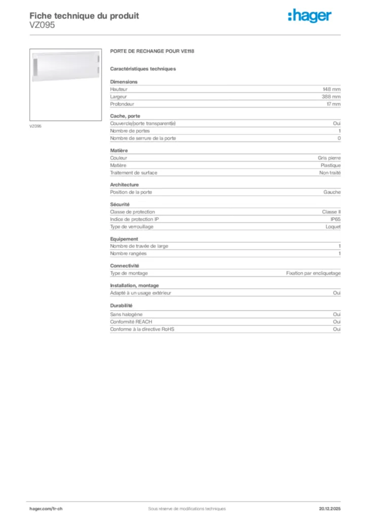 Image Hager Fiche technique du produit VZ095 | Hager Suisse