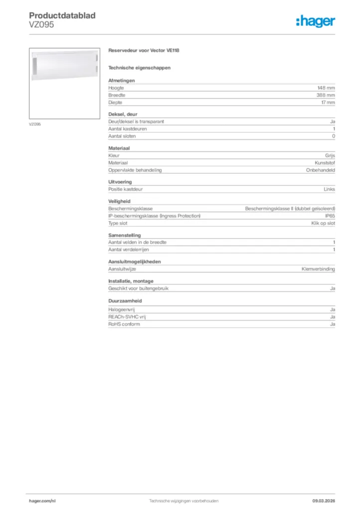 Afbeelding Hager Productdatablad VZ095 | Hager Nederland