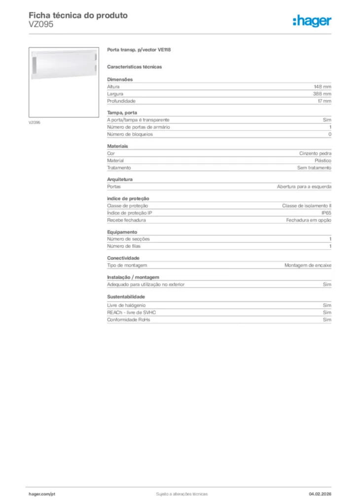 Imagem Hager Ficha técnica do produto VZ095 | Hager Portugal