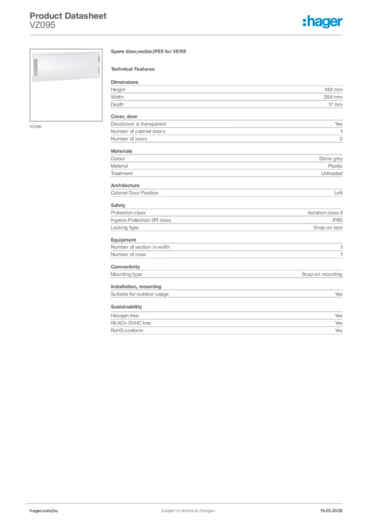 Image Hager Product data sheet VZ095  | Hager Australia