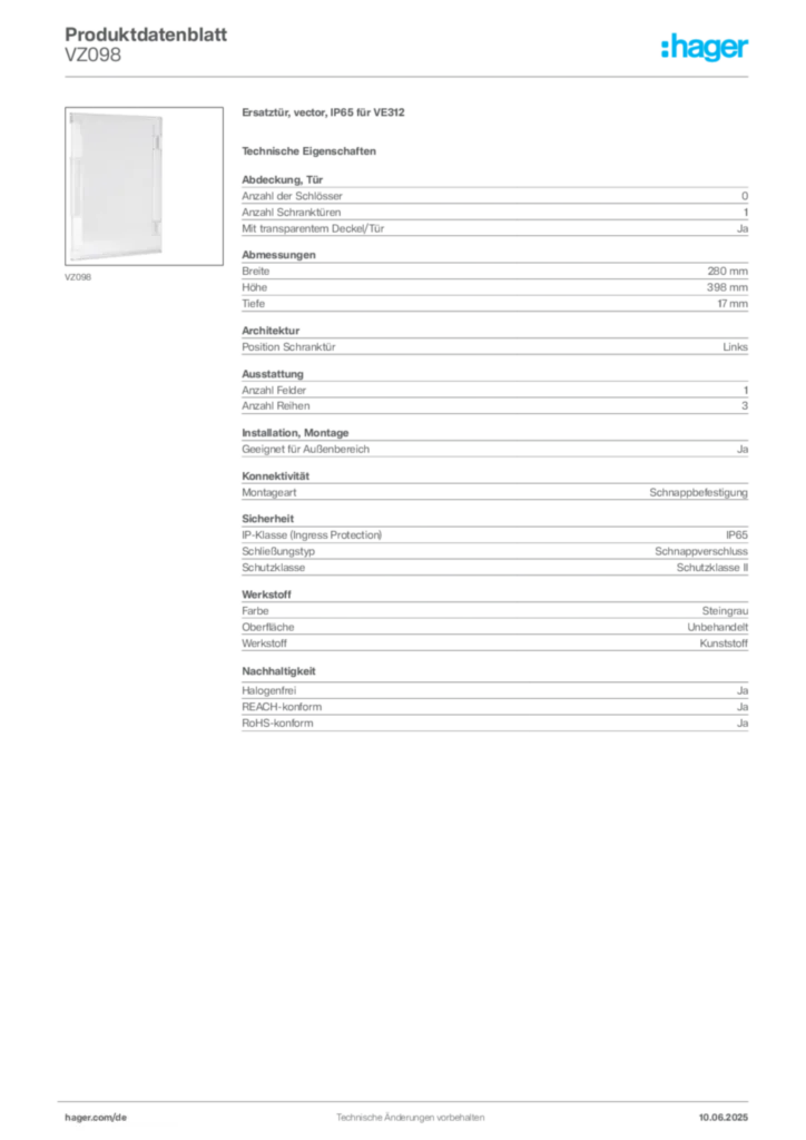 Hager Produktdatenblatt VZ098