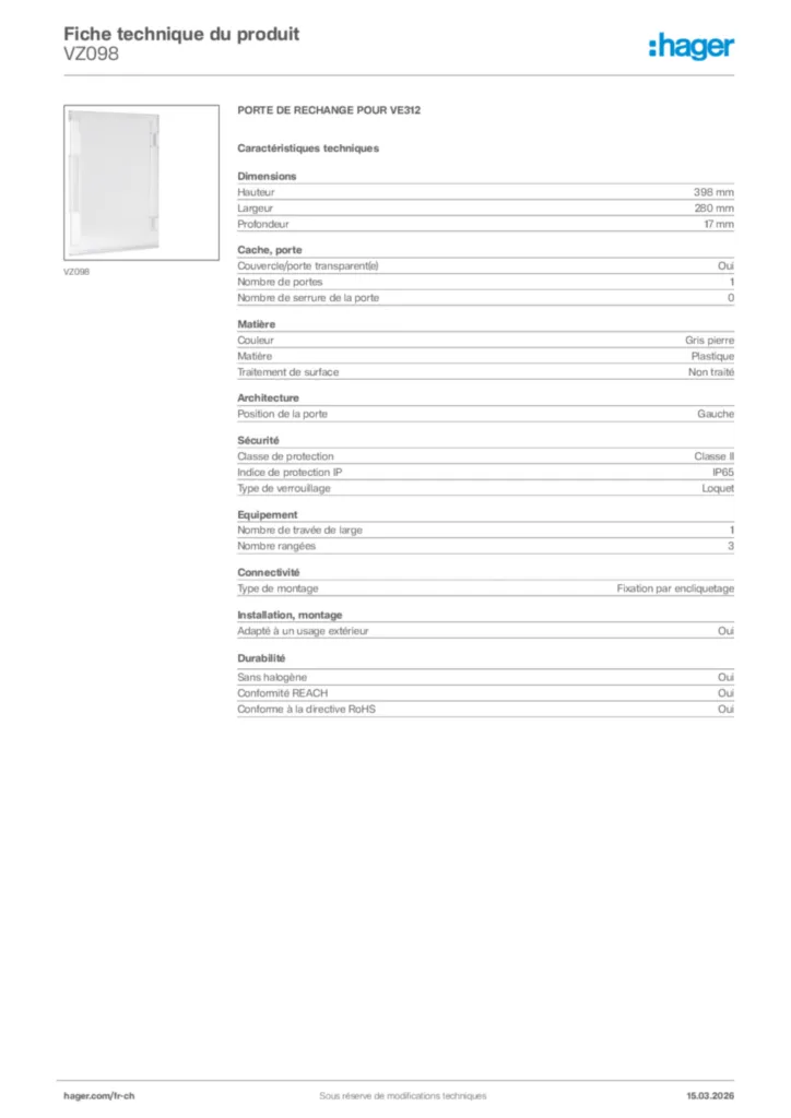 Image Hager Fiche technique du produit VZ098 | Hager Suisse