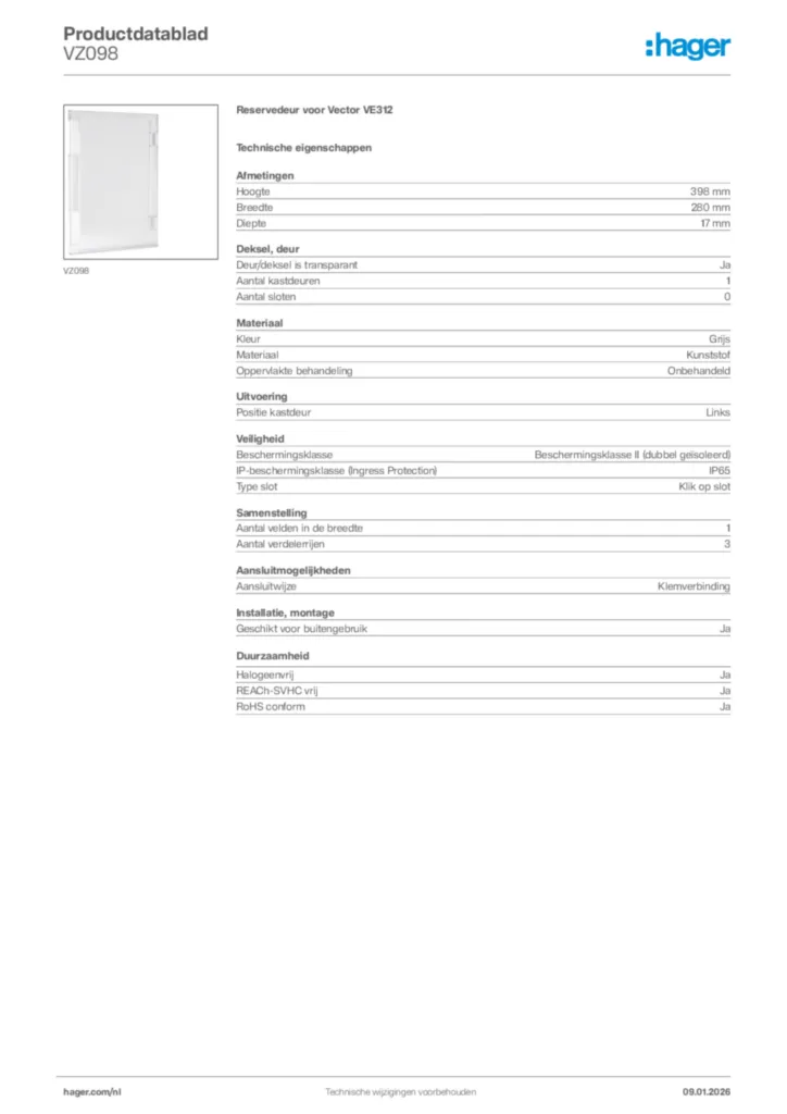 Afbeelding Hager Productdatablad VZ098 | Hager Nederland