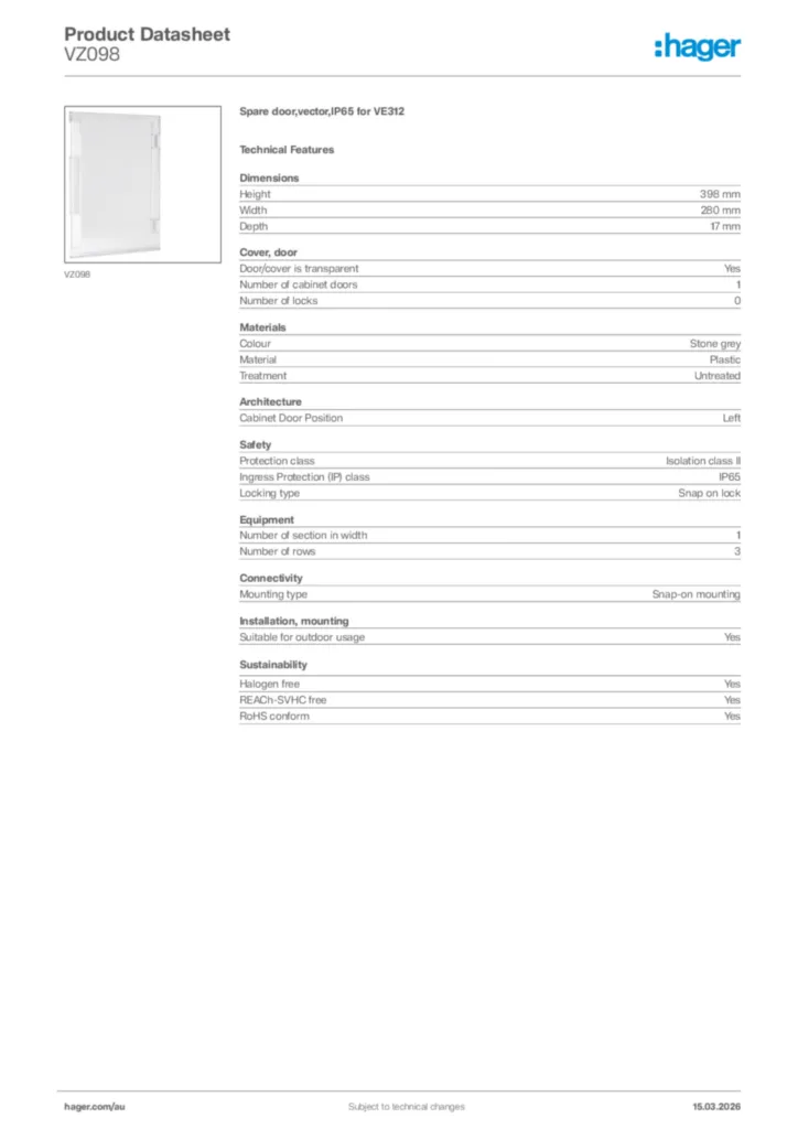 Image Hager Product data sheet VZ098  | Hager Australia