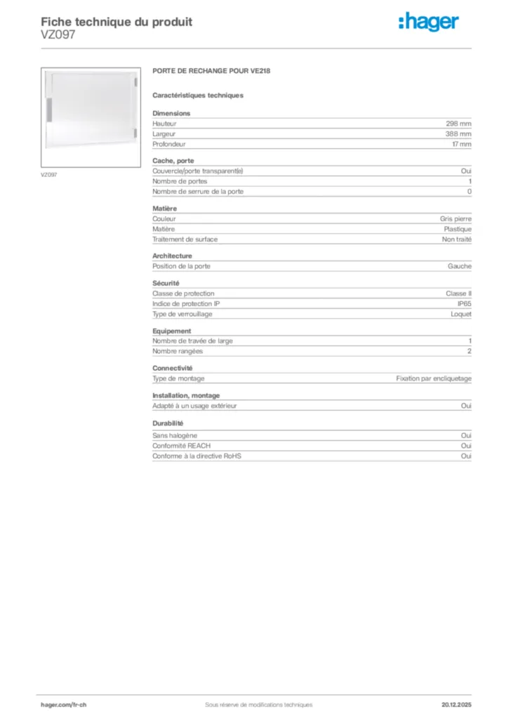 Image Hager Fiche technique du produit VZ097 | Hager Suisse