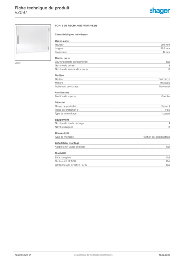 Image Hager Fiche technique du produit VZ097 | Hager Suisse