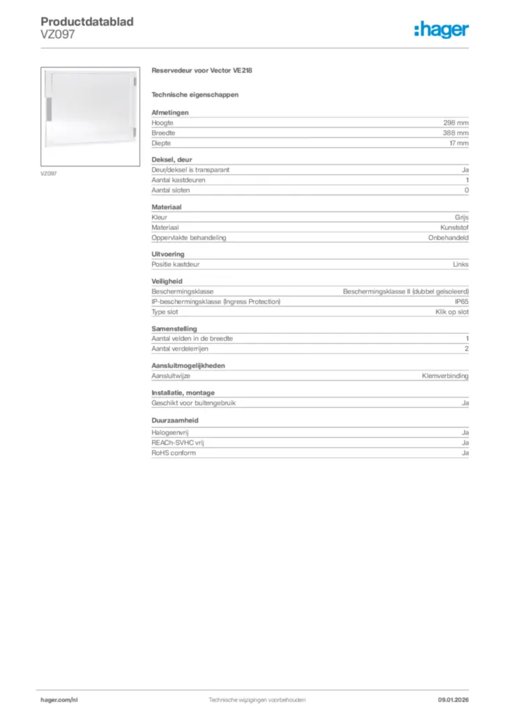 Afbeelding Hager Productdatablad VZ097 | Hager Nederland