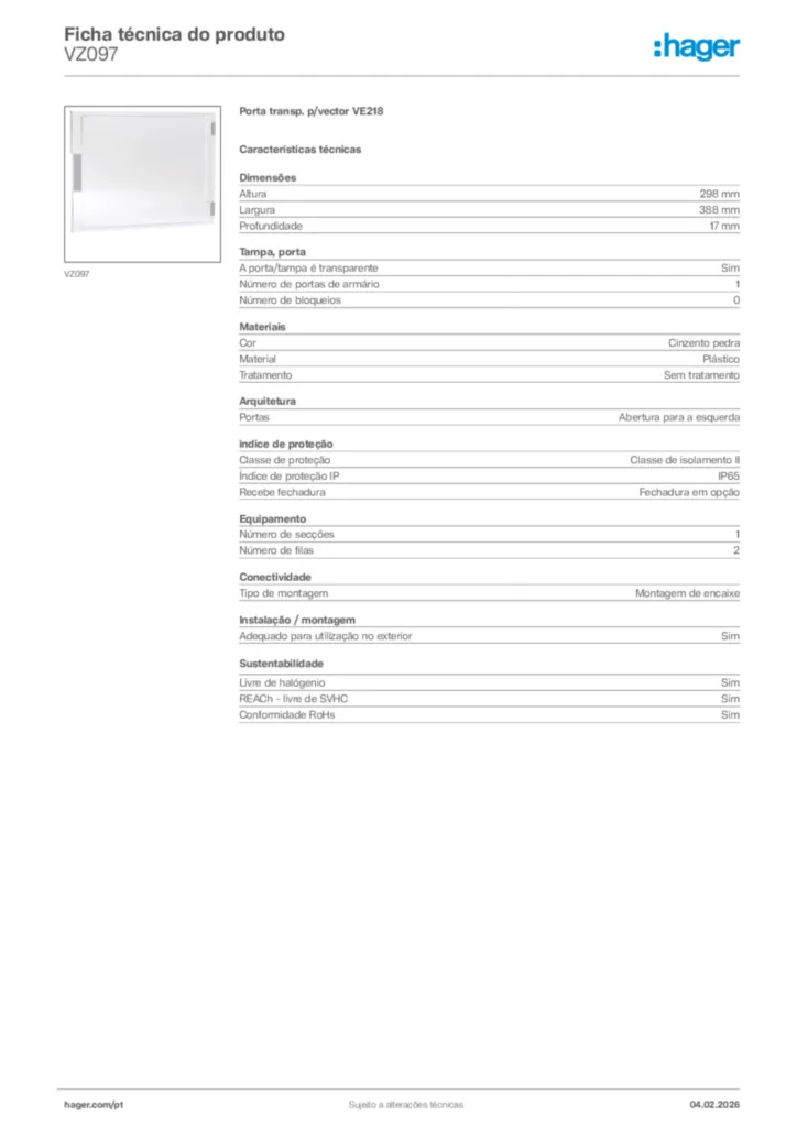 Imagem Hager Ficha técnica do produto VZ097 | Hager Portugal