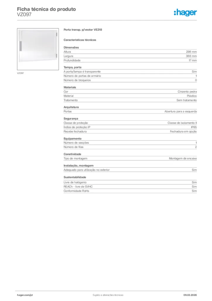 Imagem Hager Ficha técnica do produto VZ097 | Hager Portugal