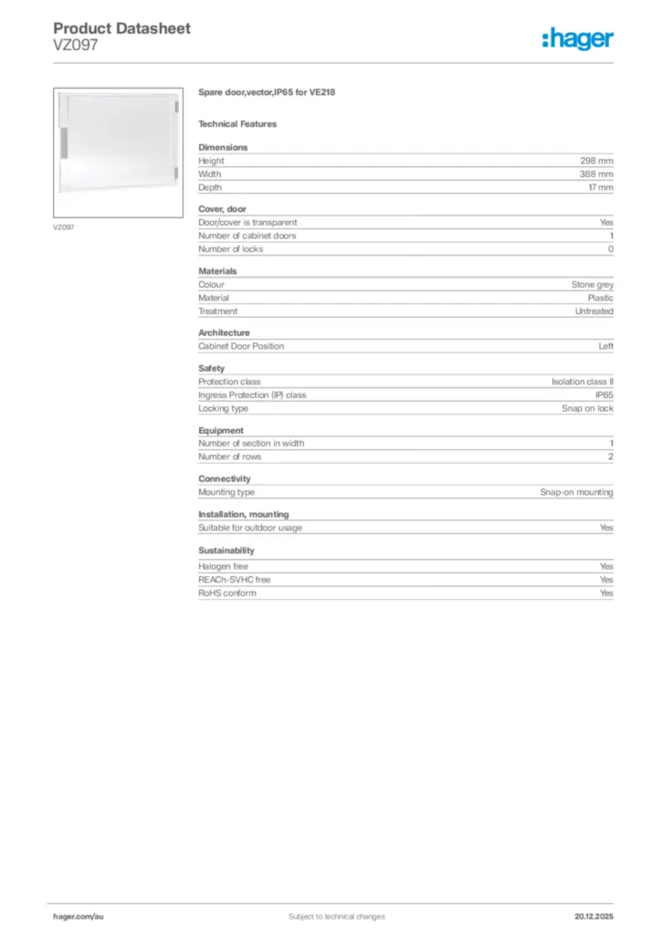 Image Hager Product data sheet VZ097  | Hager Australia