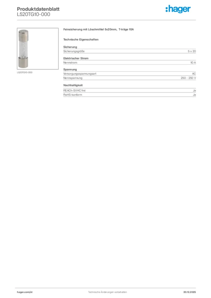 Bild Hager Produktdatenblatt L520TG10-000 | Hager Deutschland