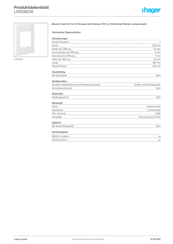 Hager Produktdatenblatt L91509016