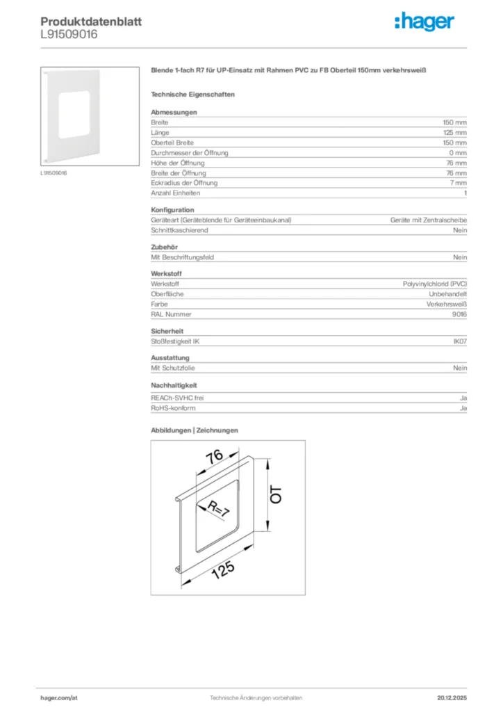 Bild Hager Produktdatenblatt L91509016 | Hager Deutschland