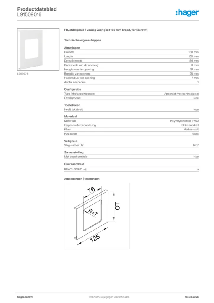 Afbeelding Hager Productdatablad L91509016 | Hager Nederland
