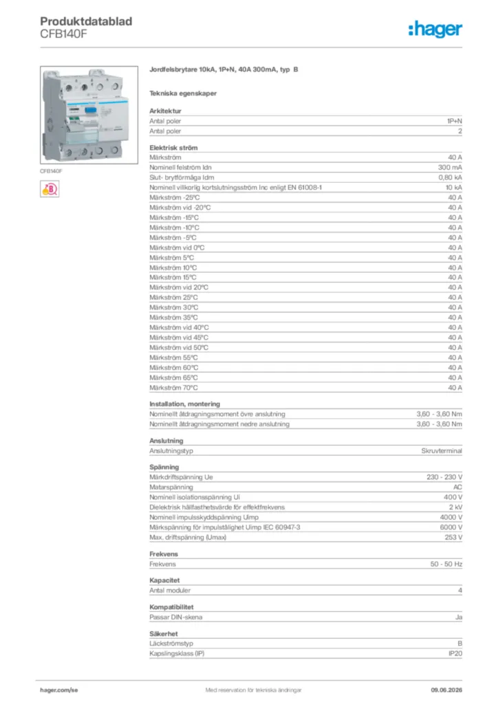 Bild Hager Produktdatablad CFB140F | Hager Sverige