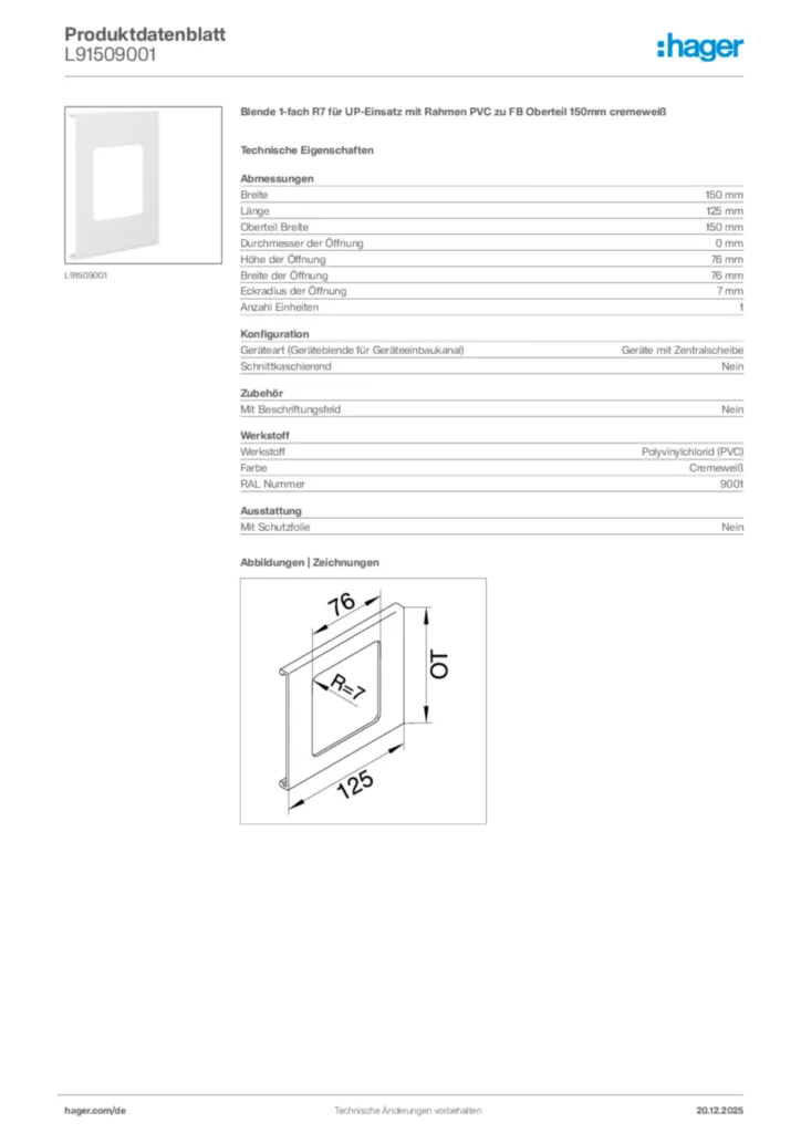 Bild Hager Produktdatenblatt L91509001 | Hager Deutschland