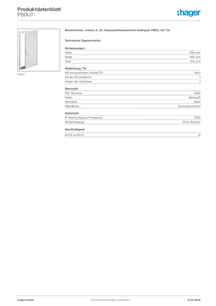 Bild Hager Produktdatenblatt P80UT | Hager Deutschland