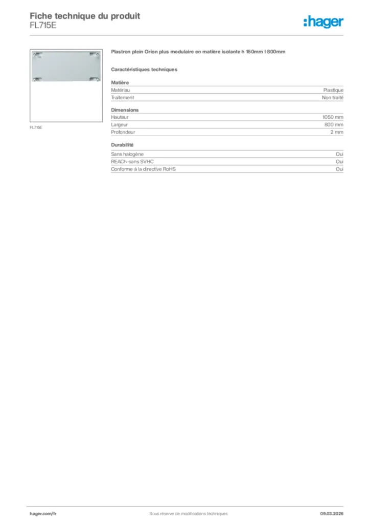 Image Hager Fiche technique du produit FL715E | Hager France