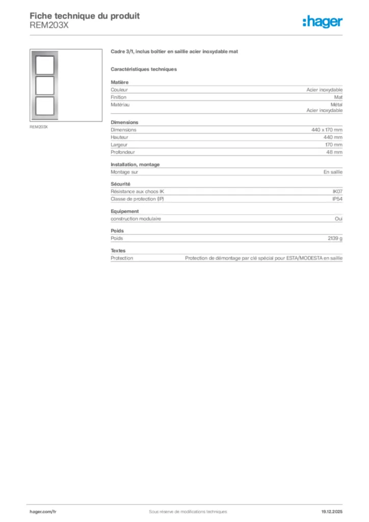 Image Hager Fiche technique du produit REM203X | Hager France
