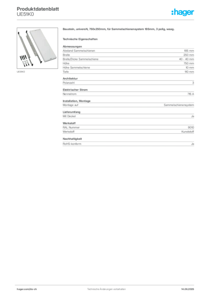 Bild Hager Produktdatenblatt UE51K0 | Hager Schweiz