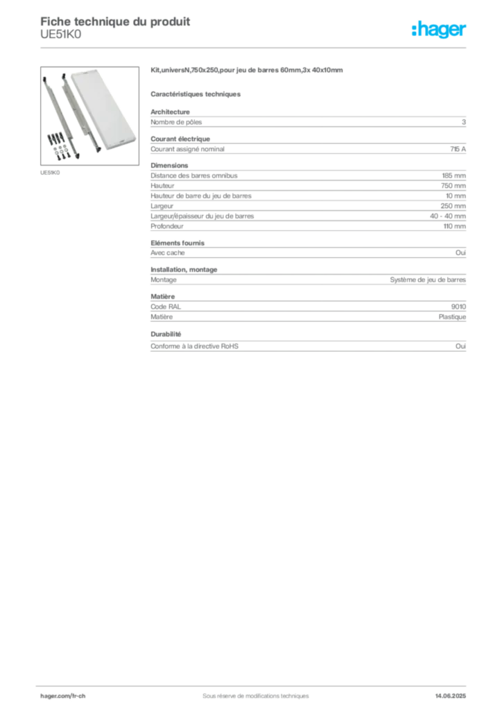Image Hager Fiche technique du produit UE51K0 | Hager Suisse