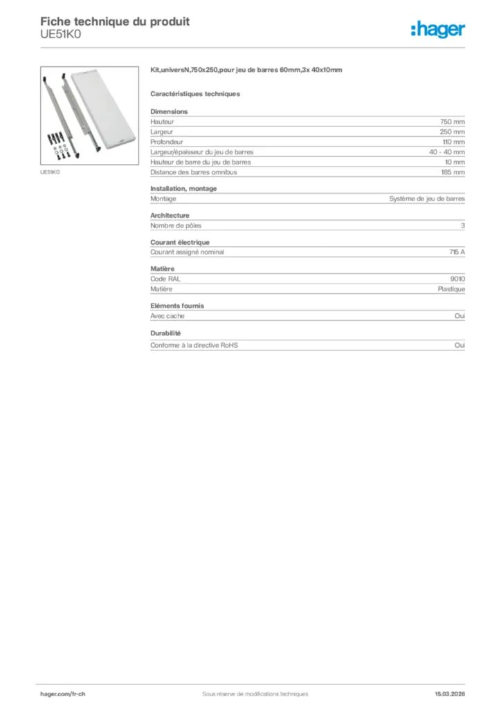 Image Hager Fiche technique du produit UE51K0 | Hager Suisse